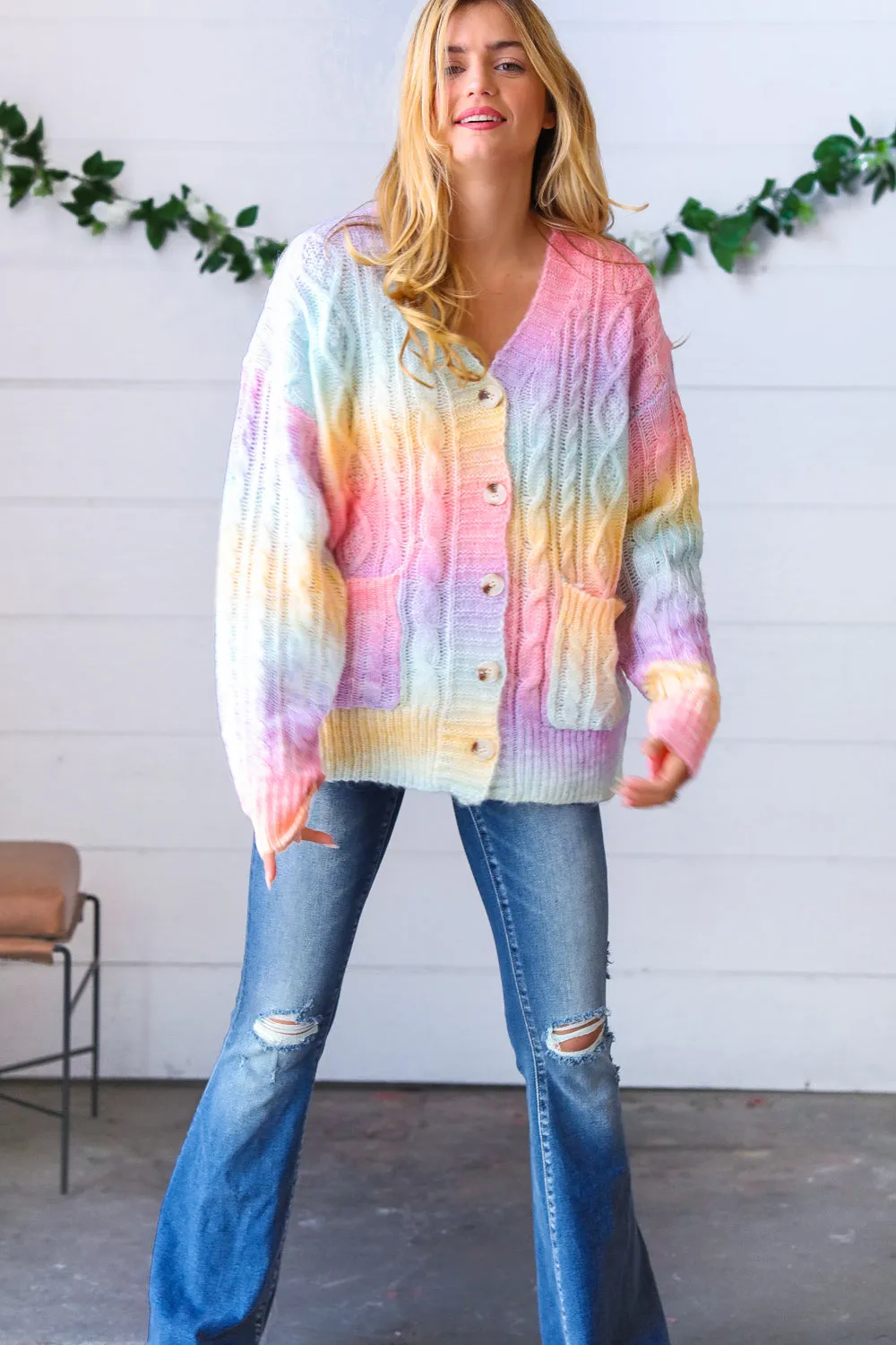 Rainbow Multi Ombre Cable Patterned Cardigan