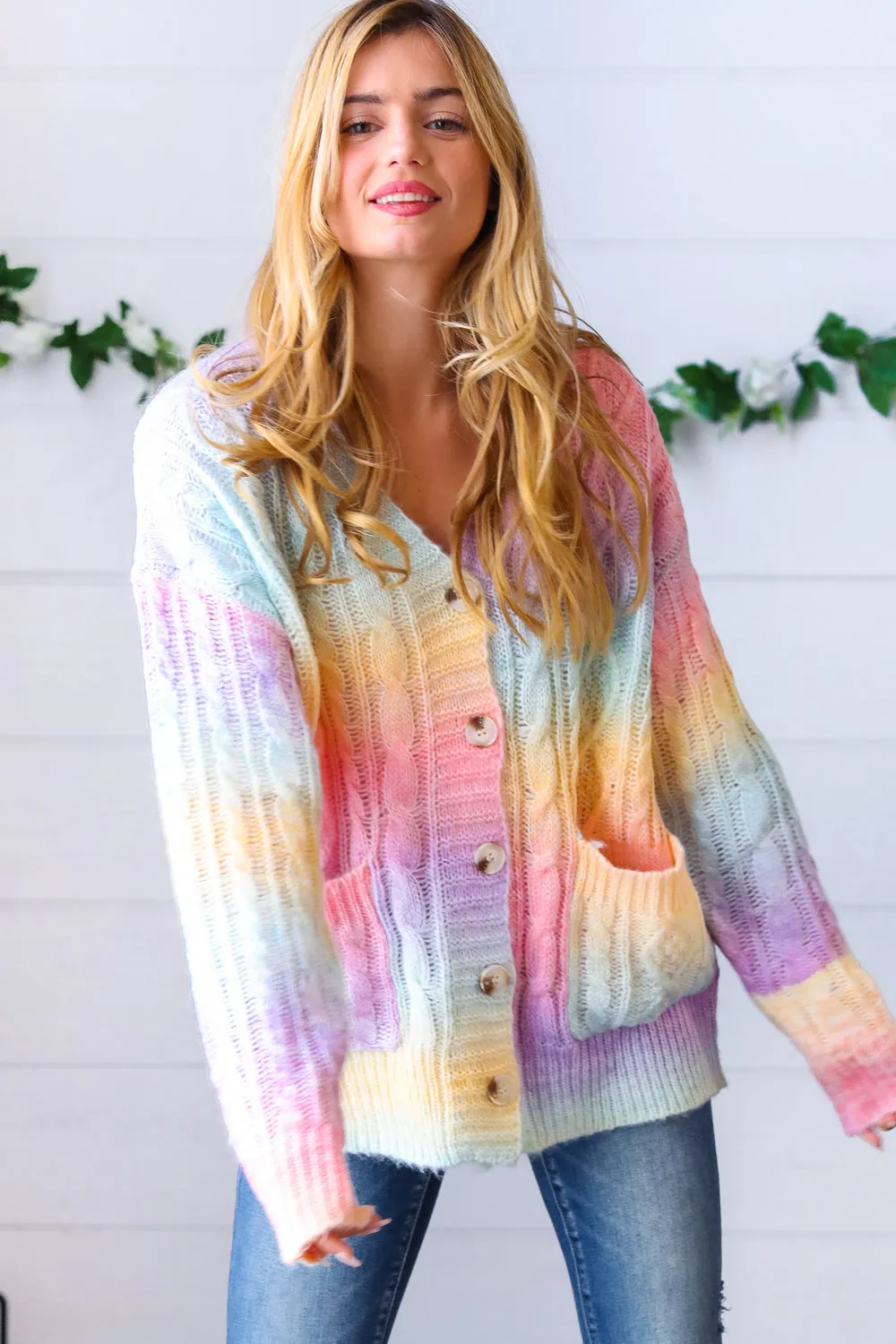 Rainbow Multi Ombre Cable Patterned Cardigan