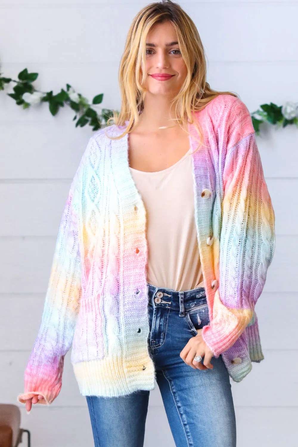 Rainbow Multi Ombre Cable Patterned Cardigan