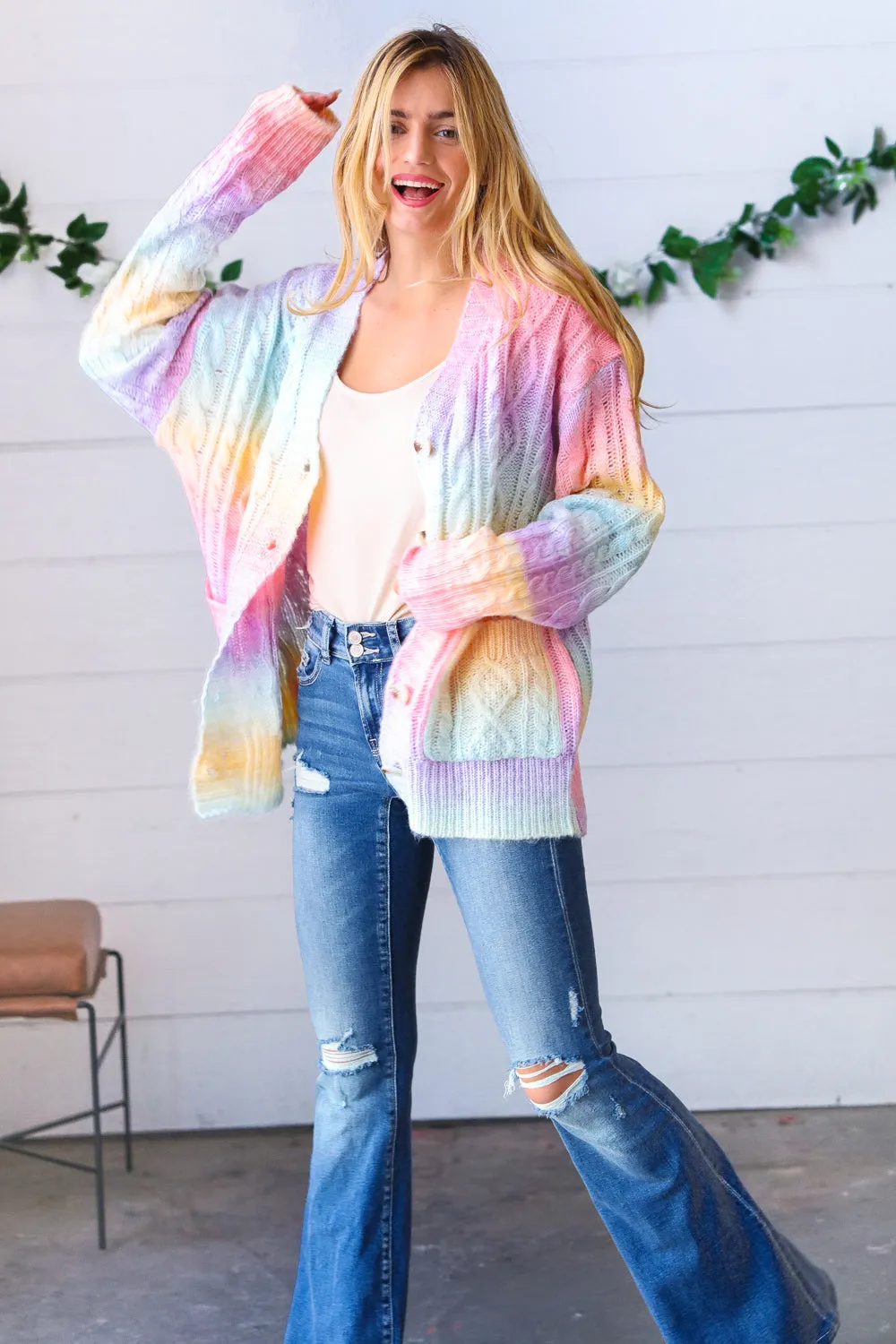 Rainbow Multi Ombre Cable Patterned Cardigan