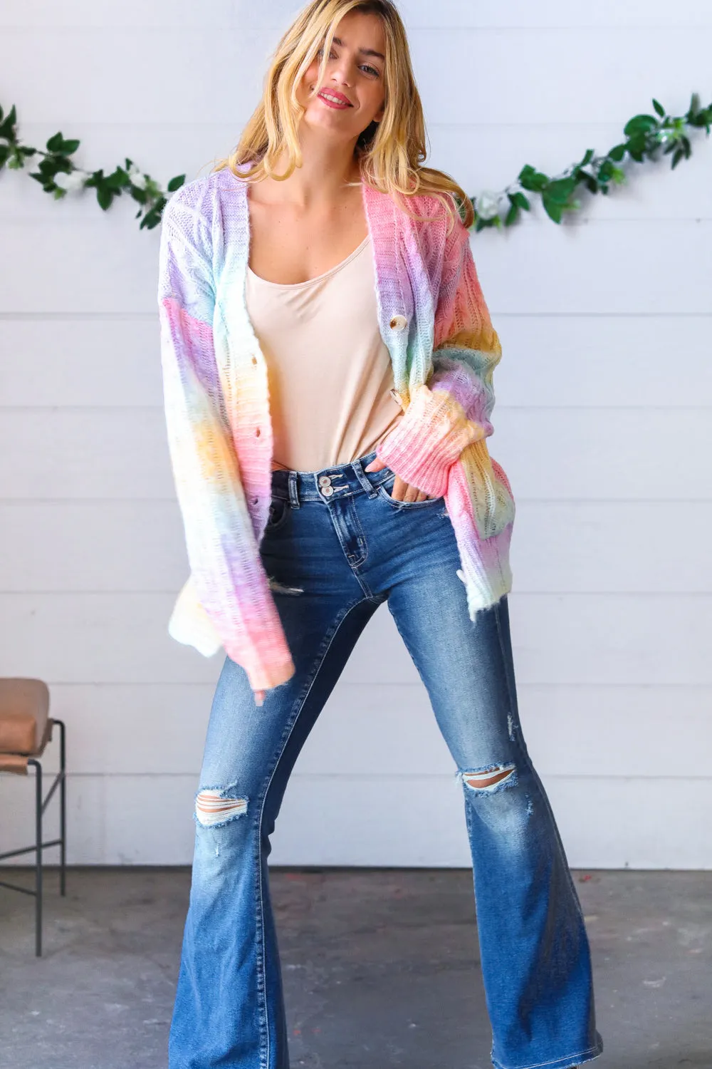 Rainbow Multi Ombre Cable Patterned Cardigan