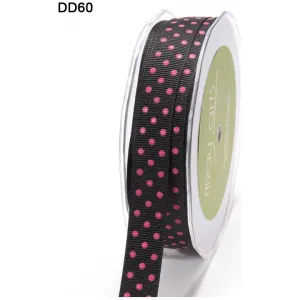 Ribbon - 5/8 Inch Grosgrain Printed Dots Ribbon with Woven Edge - Black/Fuchsia Dots