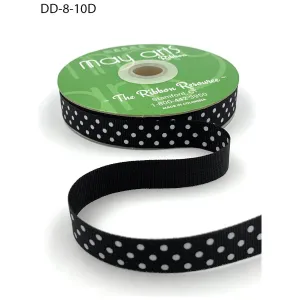 Ribbon - 5/8 Inch Grosgrain Printed Dots Ribbon with Woven Edge - Black/White Dots