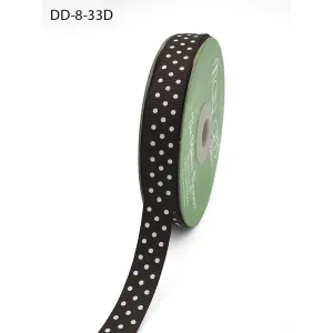 Ribbon - 5/8 Inch Grosgrain Printed Dots Ribbon with Woven Edge - Brown/White Dots