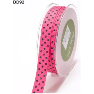Ribbon - 5/8 Inch Grosgrain Printed Dots Ribbon with Woven Edge - Fuchsia/Black Dots