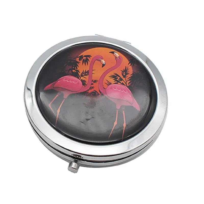Round Flip Pocket Mirror with Flamingo Designs