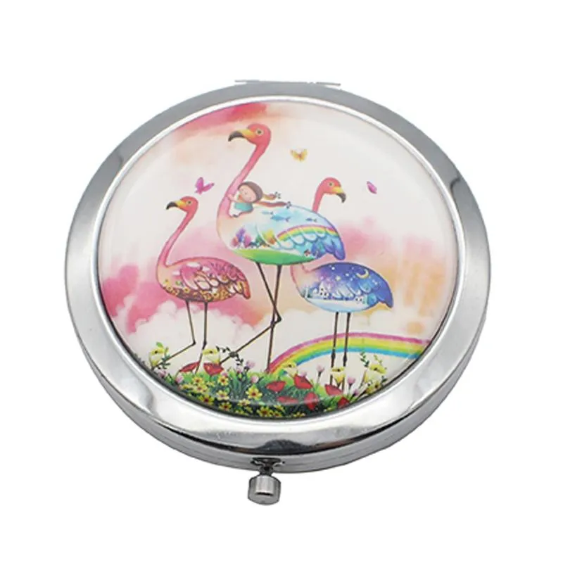 Round Flip Pocket Mirror with Flamingo Designs