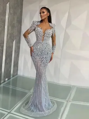 Round Neck Long Sleeve Exquisite Maxi Bodycon Dress HT950