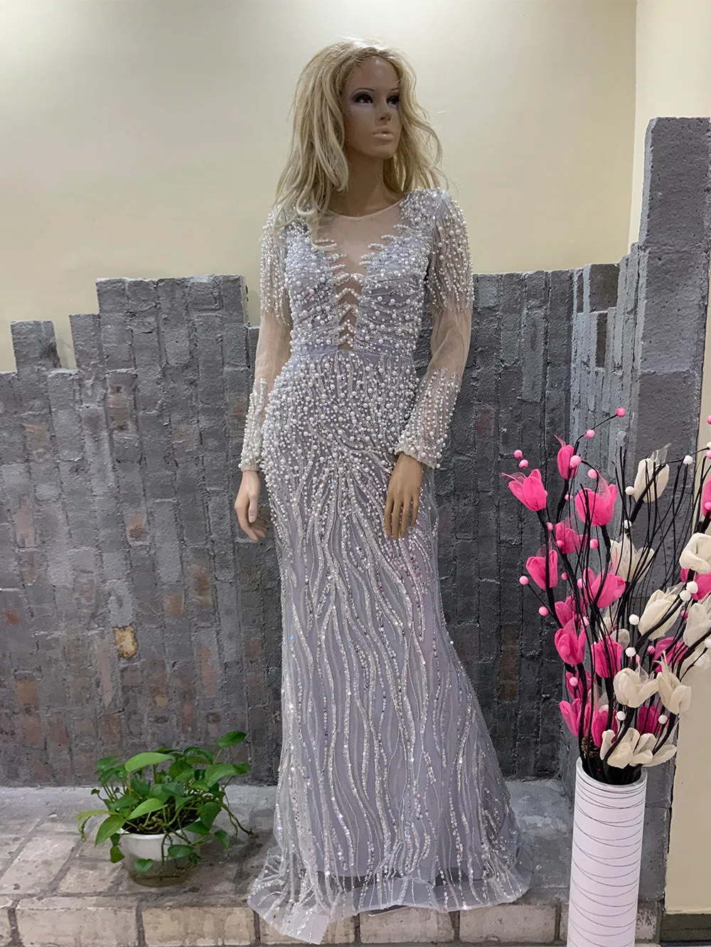 Round Neck Long Sleeve Exquisite Maxi Bodycon Dress HT950