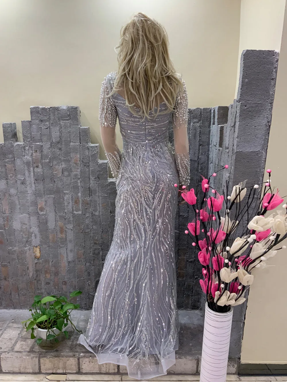 Round Neck Long Sleeve Exquisite Maxi Bodycon Dress HT950