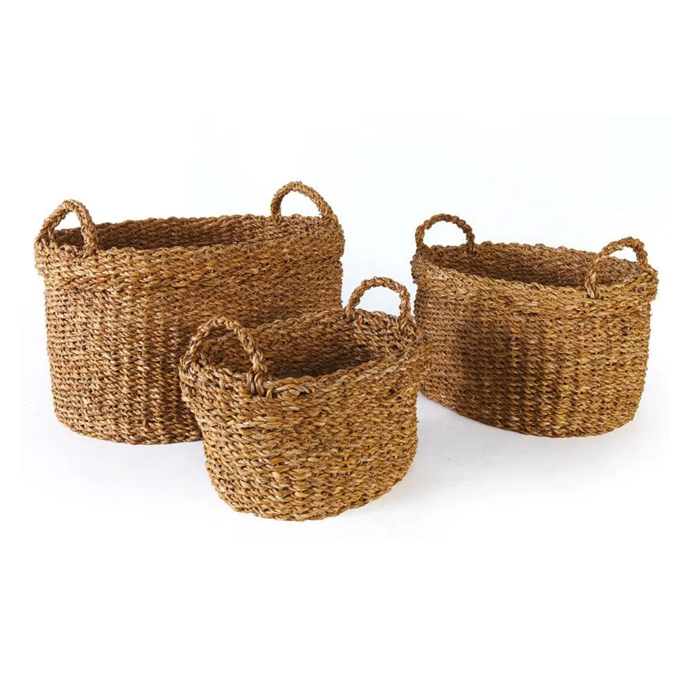 Seagrass Oval Baskets With Handles, Set Of 3