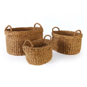 Seagrass Oval Baskets With Handles, Set Of 3