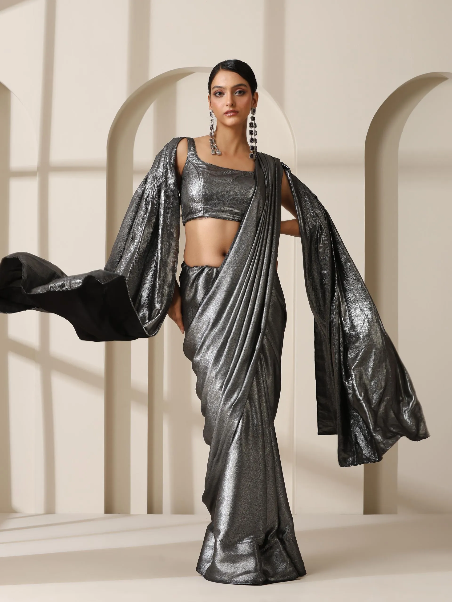Show Steel Textured Satin Saree with Blouse Fabric