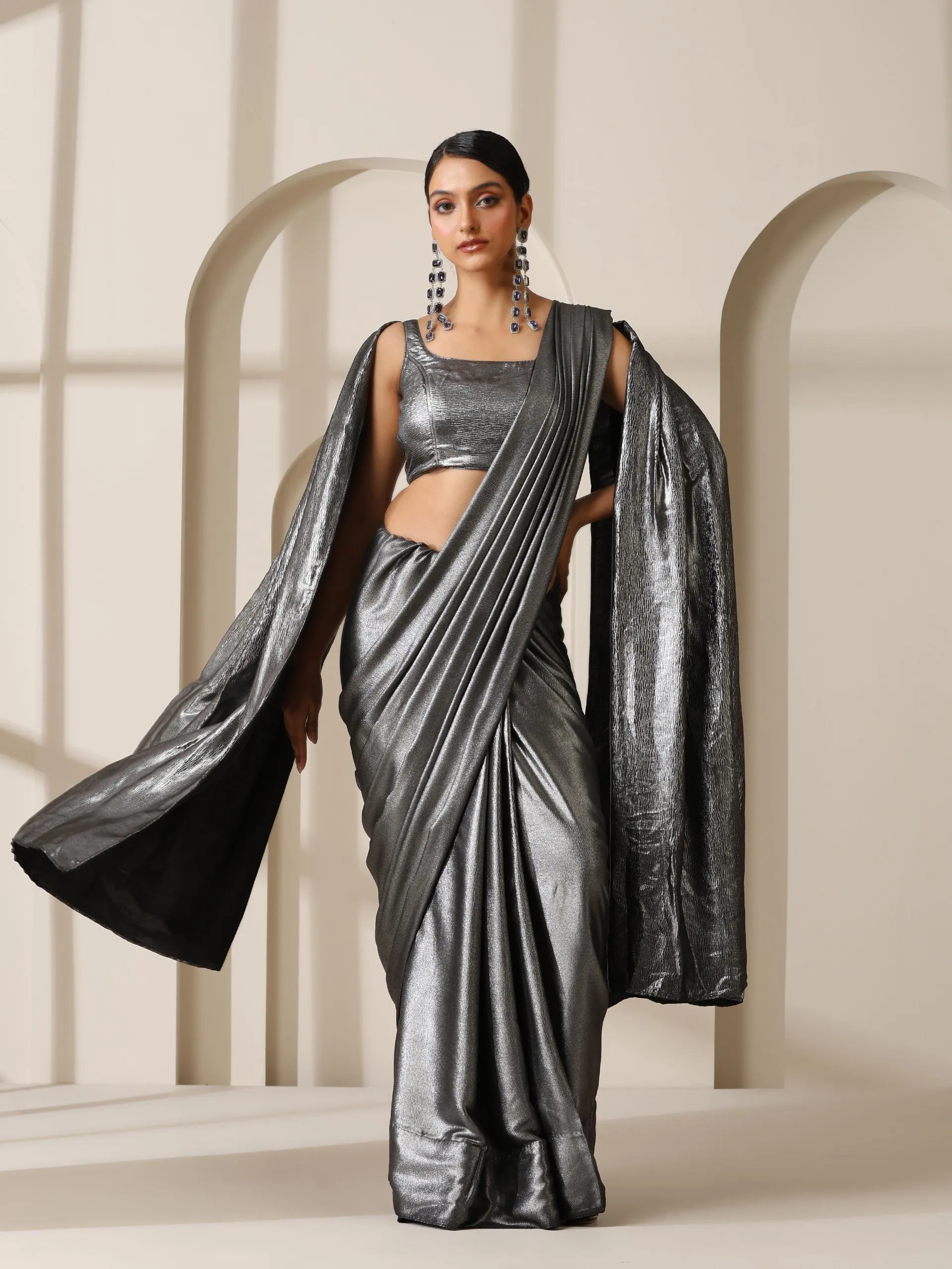 Show Steel Textured Satin Saree with Blouse Fabric