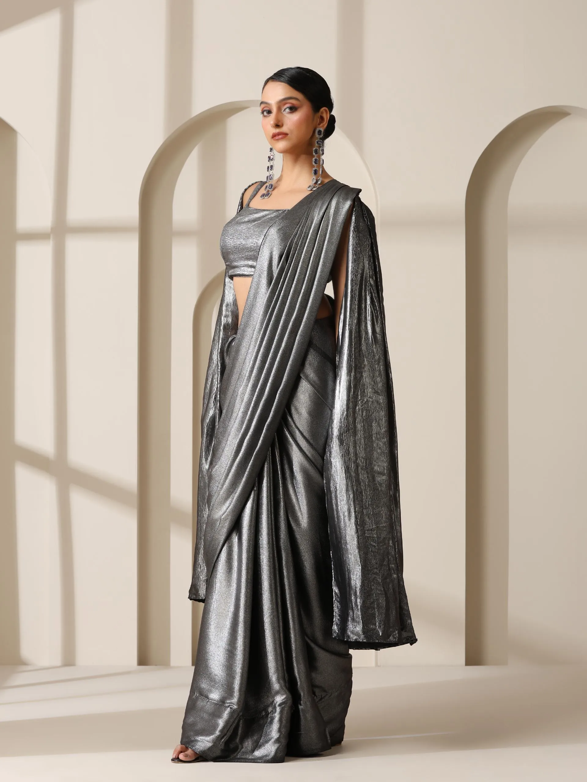 Show Steel Textured Satin Saree with Blouse Fabric