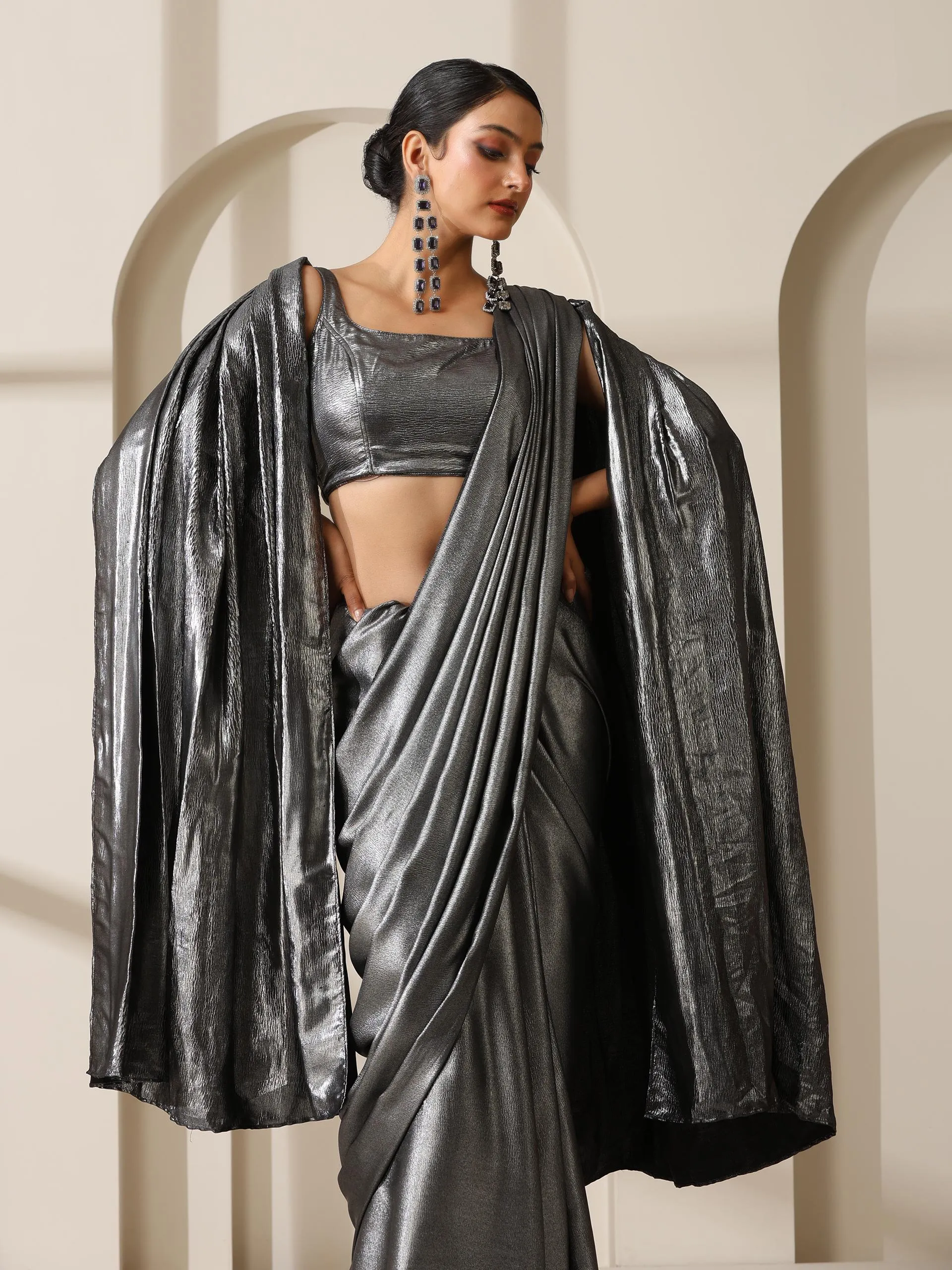 Show Steel Textured Satin Saree with Blouse Fabric