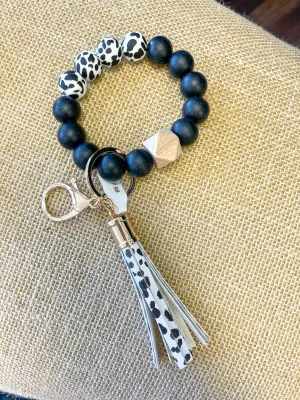 Silicone Bead Keychain Wristlet- Animal Print Black/White