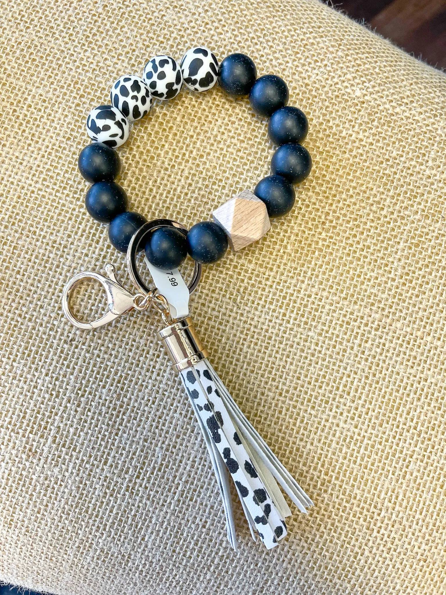 Silicone Bead Keychain Wristlet- Animal Print Black/White