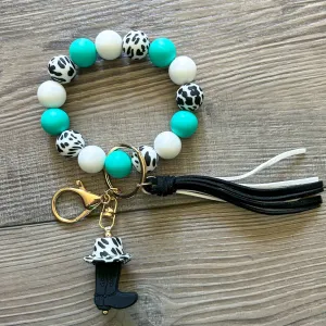 Silicone Bead Keychain Wristlet- Cow Print Hat And Boot Teal