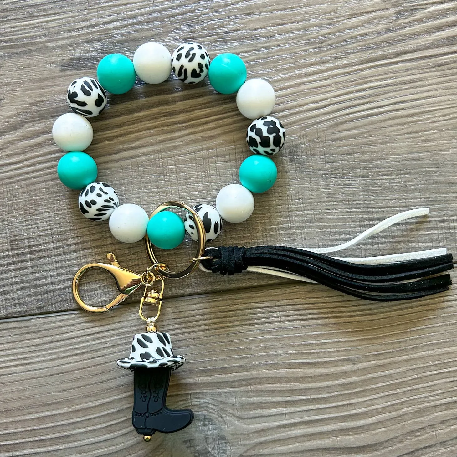 Silicone Bead Keychain Wristlet- Cow Print Hat And Boot Teal