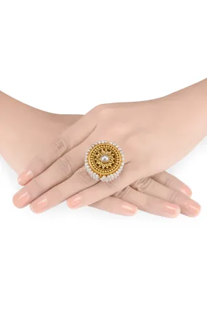 SILVER GOLD PLATED FLORAL PEARL LINED EMBELLISHMENT RING