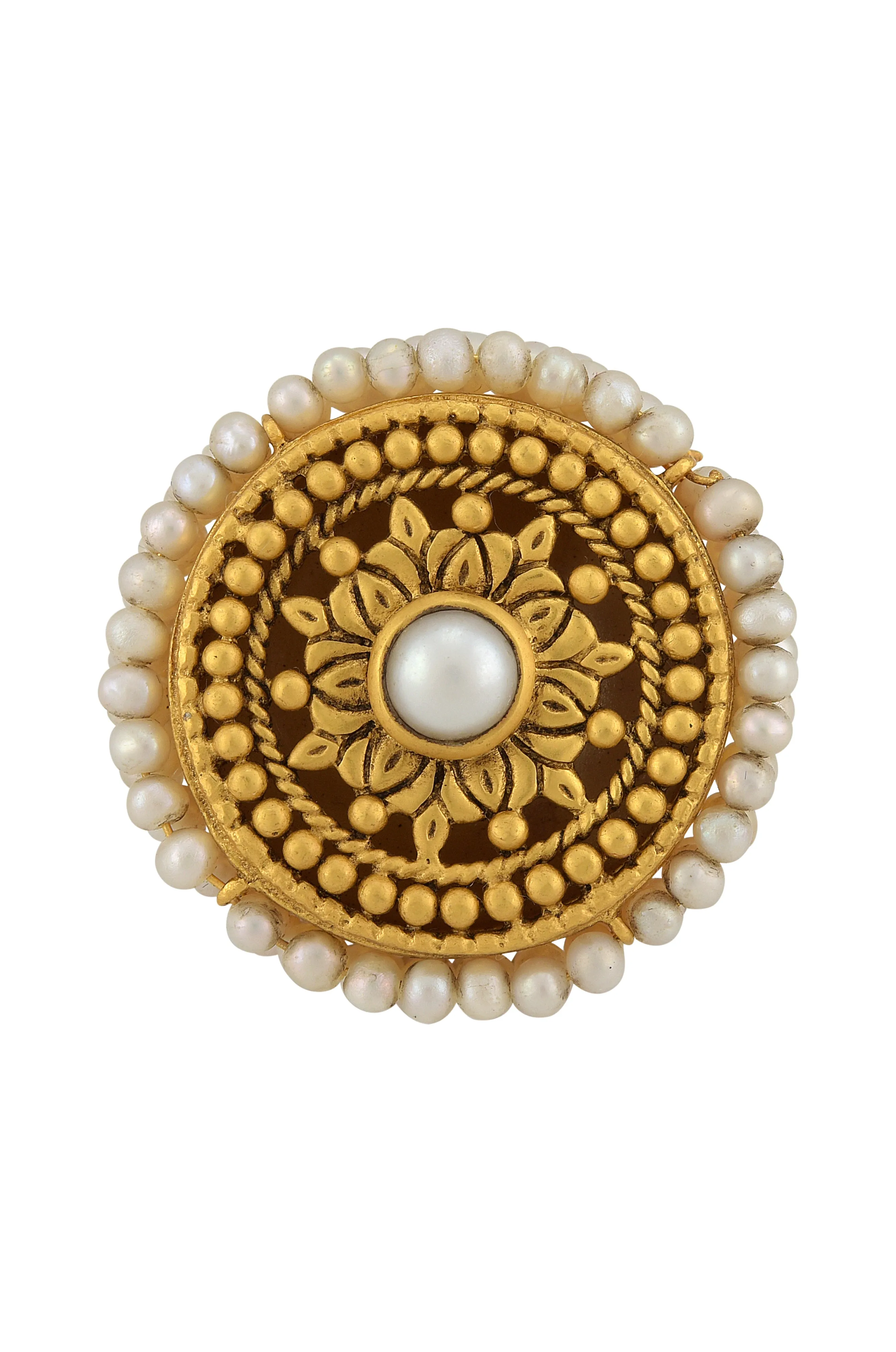 SILVER GOLD PLATED FLORAL PEARL LINED EMBELLISHMENT RING