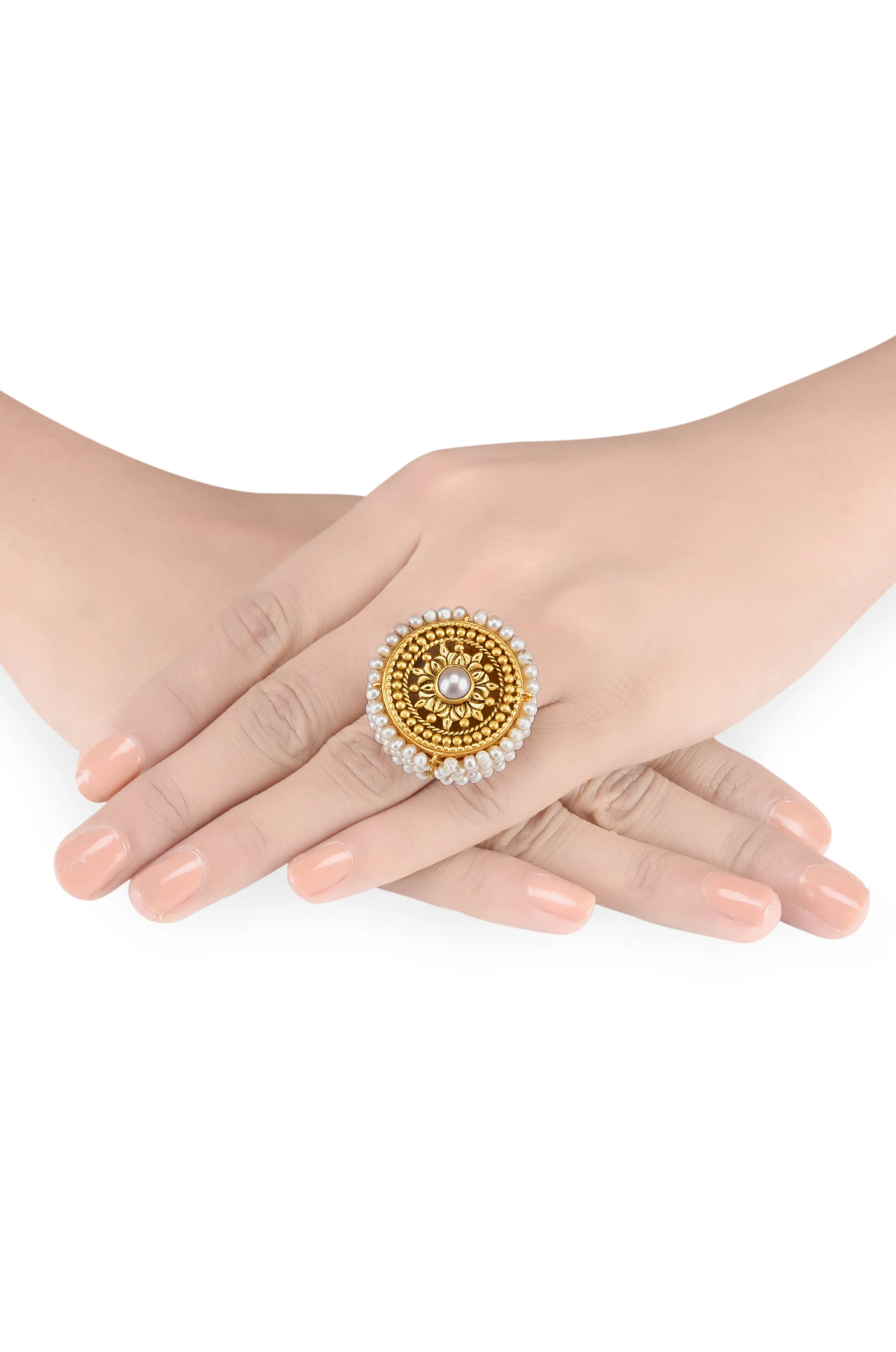 SILVER GOLD PLATED FLORAL PEARL LINED EMBELLISHMENT RING
