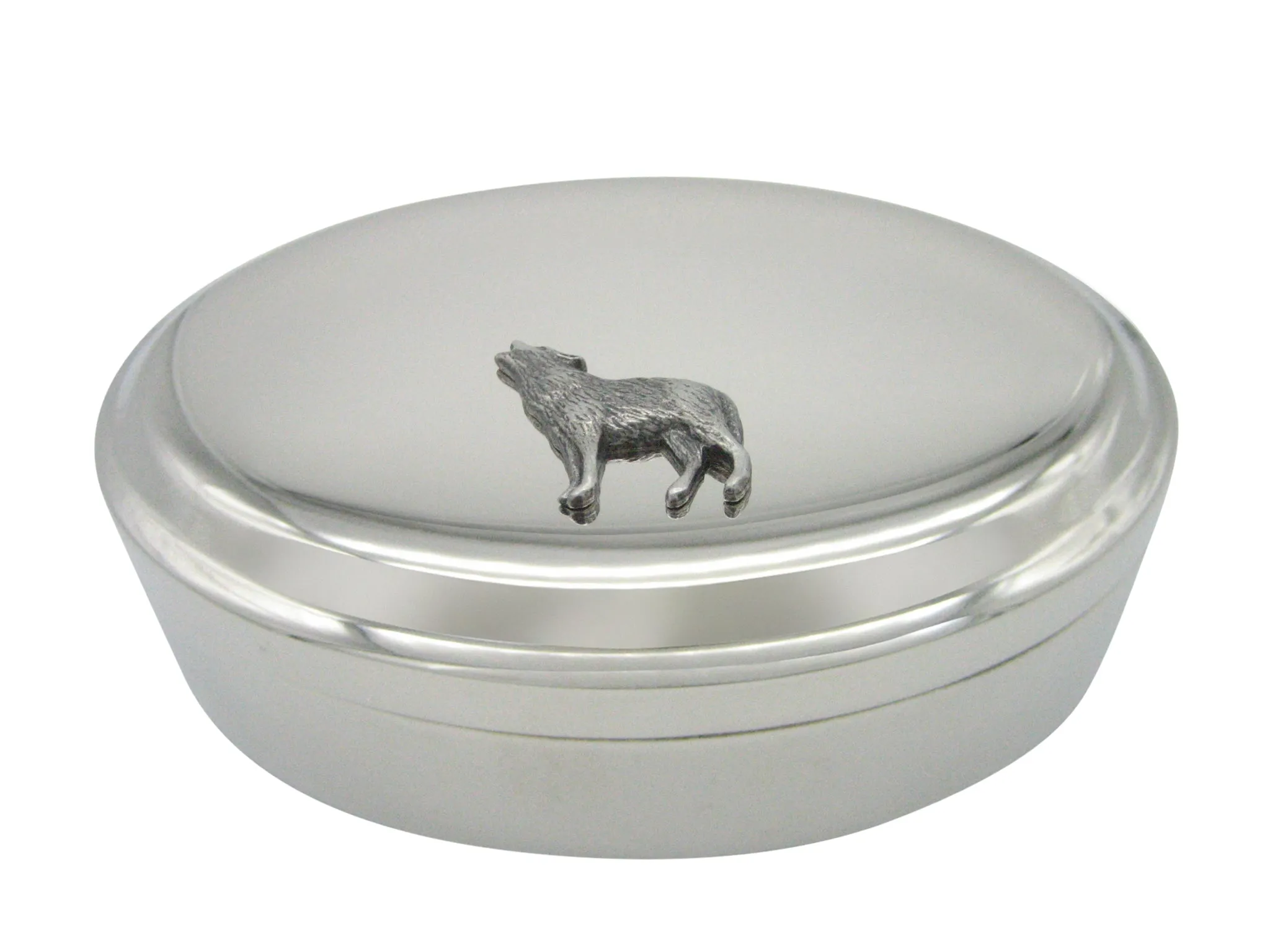 Silver Toned Textured Wolf Pendant Oval Trinket Jewelry Box