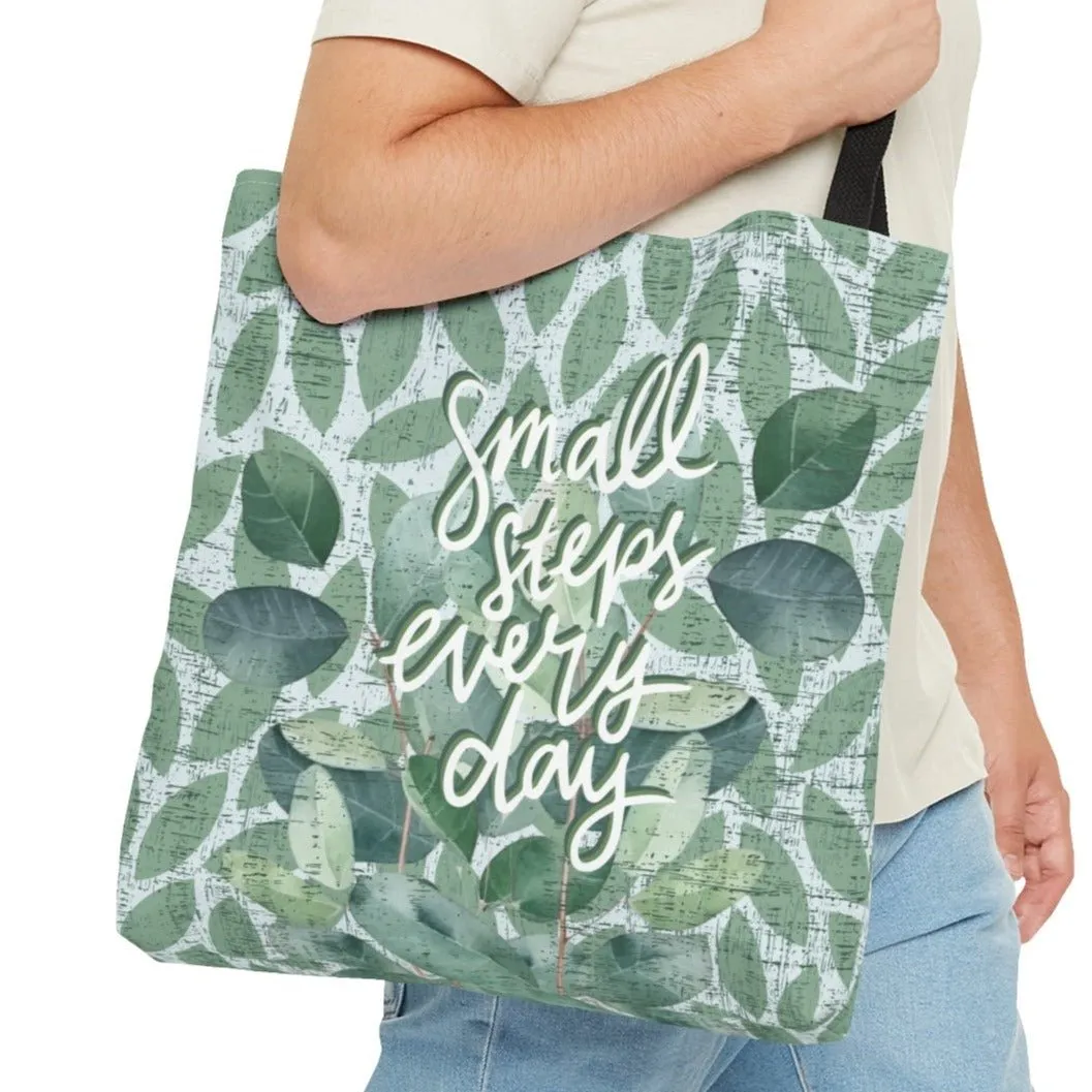 Small Steps Every Day Light Green Leaf Pattern Large Tote Bag - Inspirational Fashion Accessory