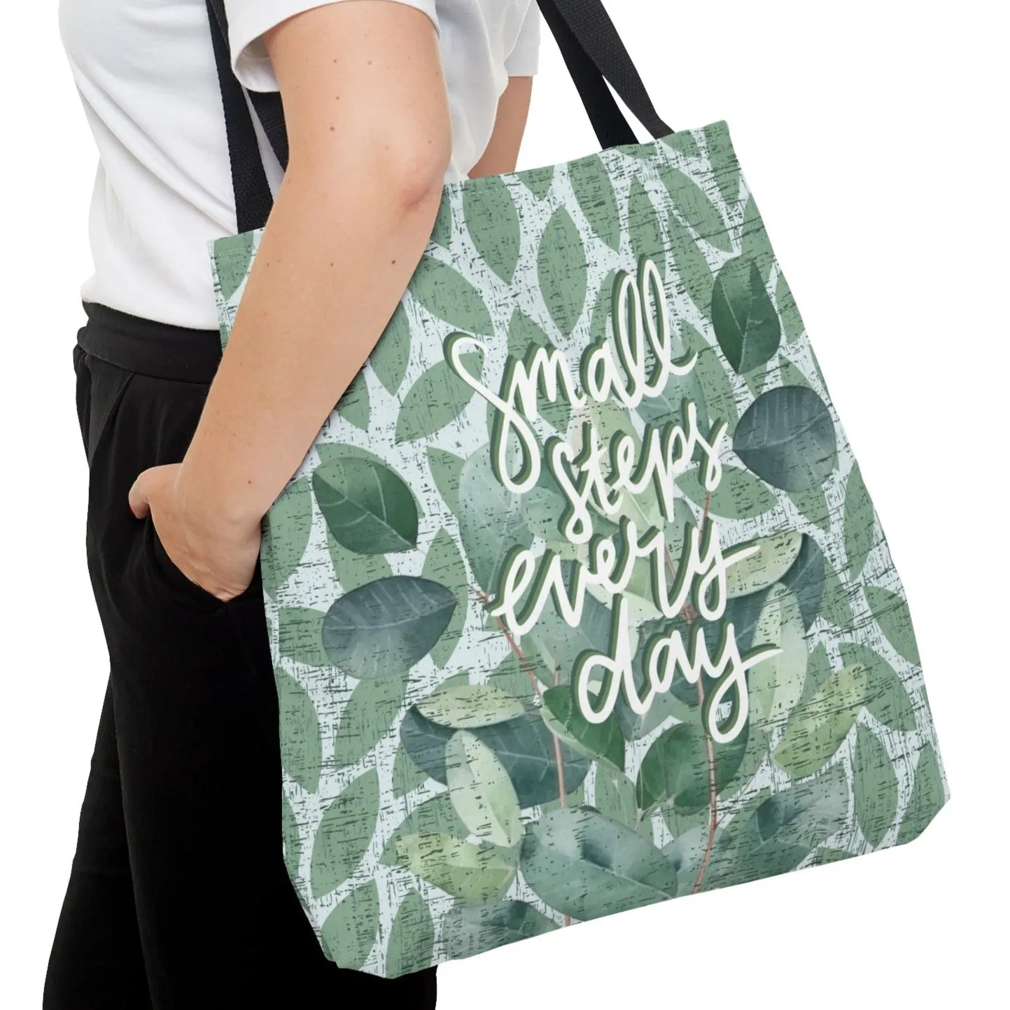 Small Steps Every Day Light Green Leaf Pattern Large Tote Bag - Inspirational Fashion Accessory
