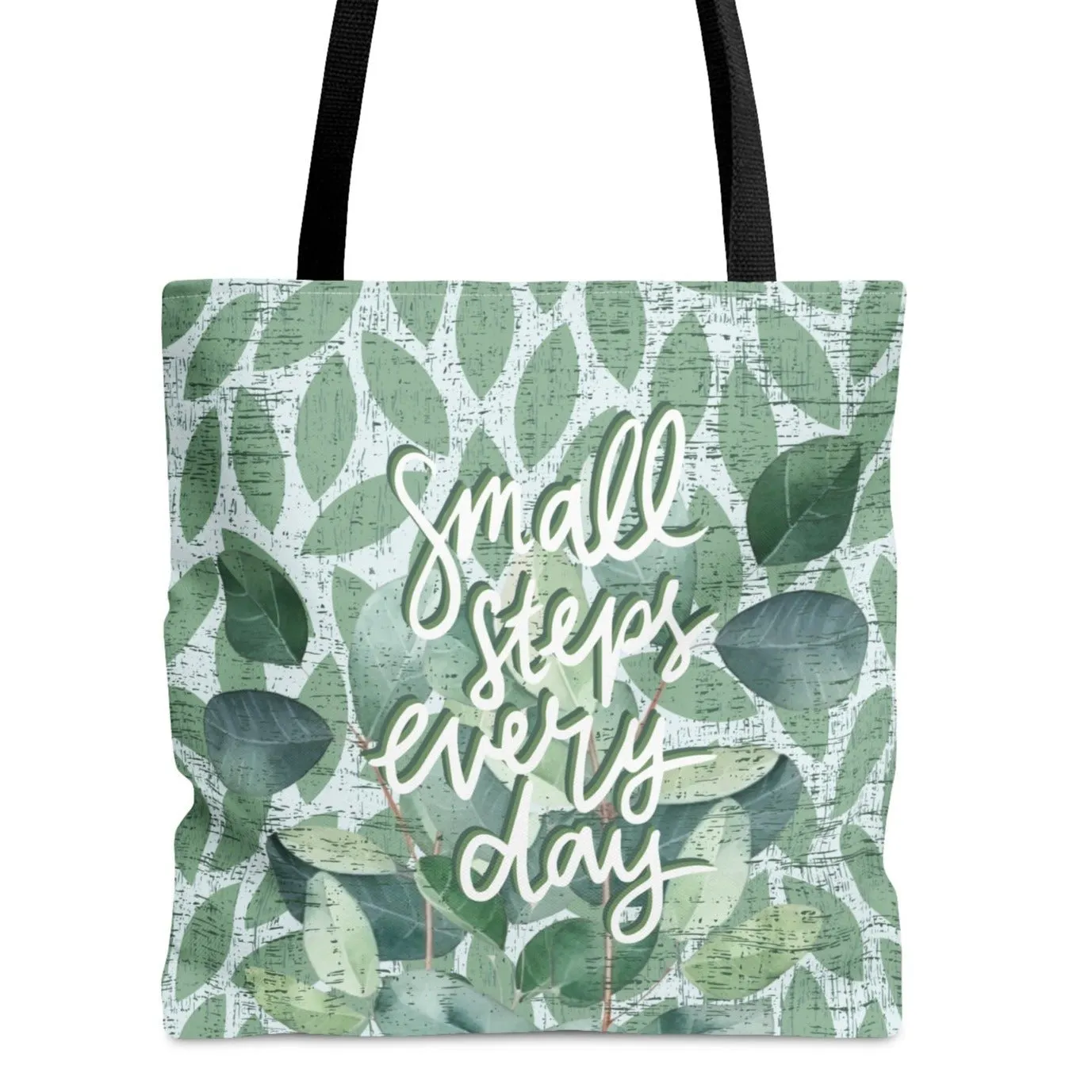Small Steps Every Day Light Green Leaf Pattern Large Tote Bag - Inspirational Fashion Accessory