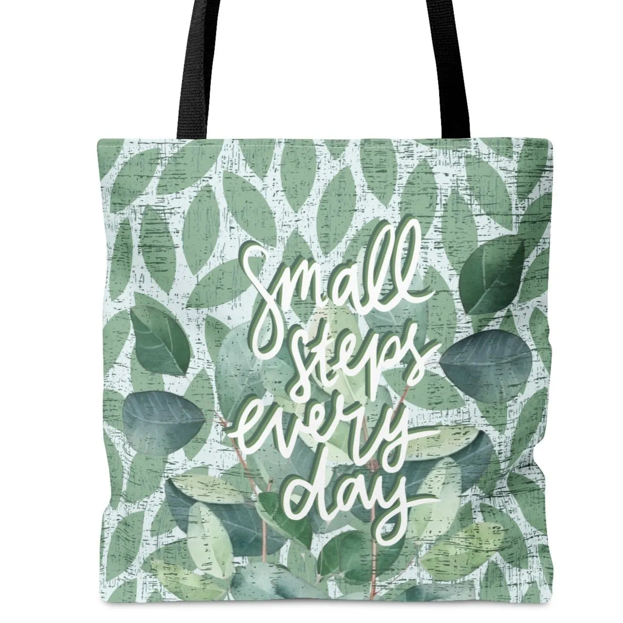 Small Steps Every Day Light Green Leaf Pattern Large Tote Bag - Inspirational Fashion Accessory