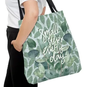Small Steps Every Day Light Green Leaf Pattern Large Tote Bag - Inspirational Fashion Accessory