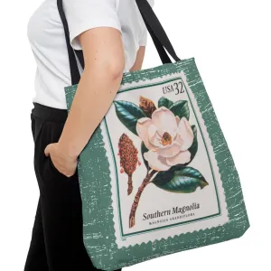Southern Magnolia Bloom Stamp Large Tote Bag - Floral Elegance on Bright Sage Background