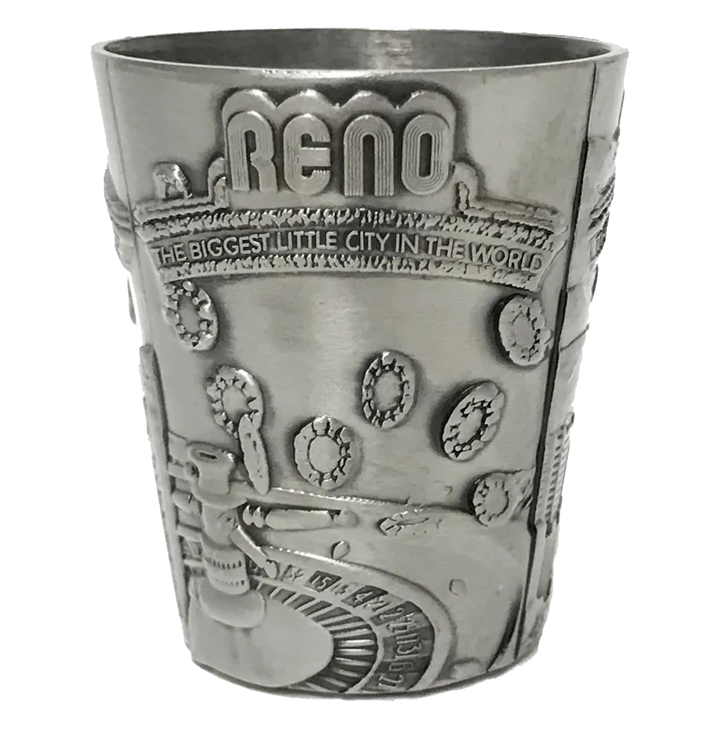 Souvenir Shot Glass Reno, Nevada, Biggest Little City in the World, Metal 3-Scenes Textured Shotglass