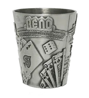 Souvenir Shot Glass Reno, Nevada, Biggest Little City in the World, Metal 3-Scenes Textured Shotglass