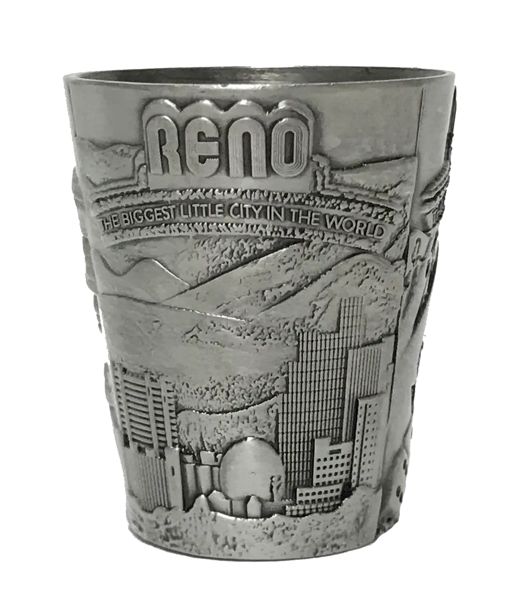 Souvenir Shot Glass Reno, Nevada, Biggest Little City in the World, Metal 3-Scenes Textured Shotglass