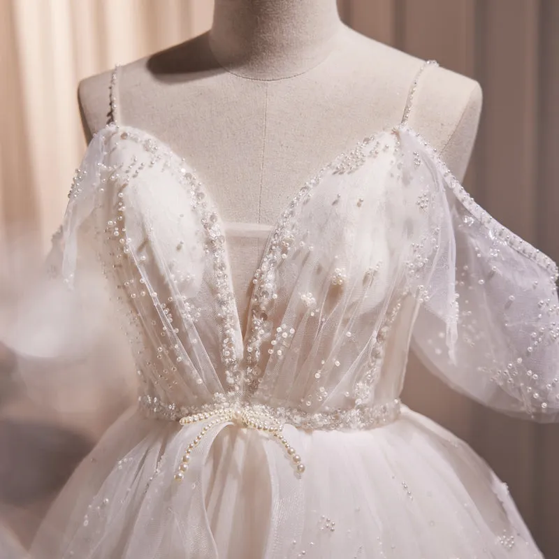 Spaghetti Straps V-Neck Tulle Homecoming Dress with Exquisite Beads