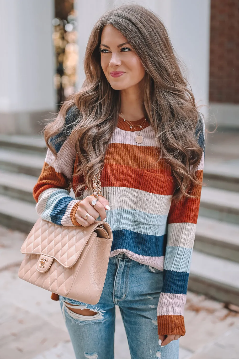 Stripes Textured Chest Pocket Sweater