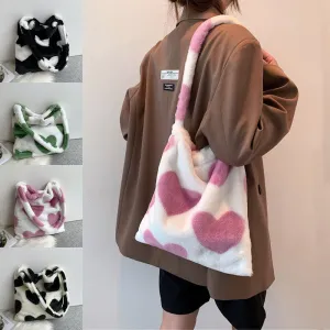 Sue – Plush Heart Pattern Shoulder Bag with Soft Finish