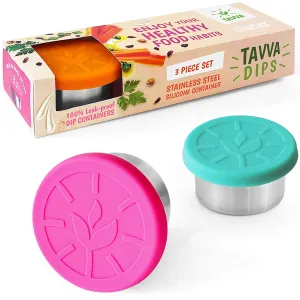 TAVVA Salad Dressing Container To Go – 3X1.5oz Stainless Steel Containers with Food-grade Leakproof Silicone Lids – Portion Control Containers –Also Suitable as Snack Containers and Baby Food Jars