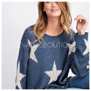 Teal Star Patterned Knitted Pullover Sweater