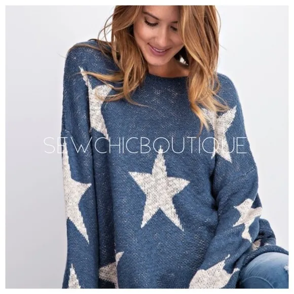 Teal Star Patterned Knitted Pullover Sweater