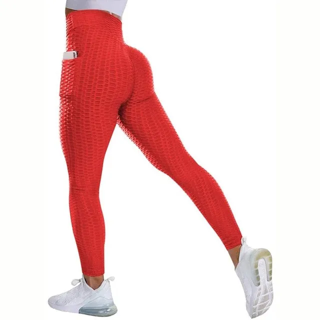 Textured High Rise Leggings - Red No Pockets