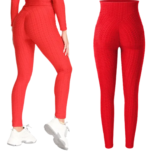 Textured High Rise Leggings - Red No Pockets