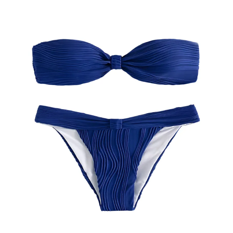 Textured Print Strapless Bikini Set