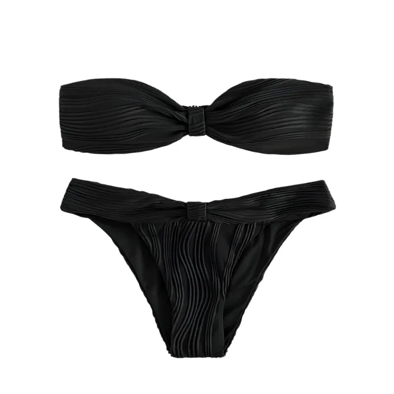 Textured Print Strapless Bikini Set