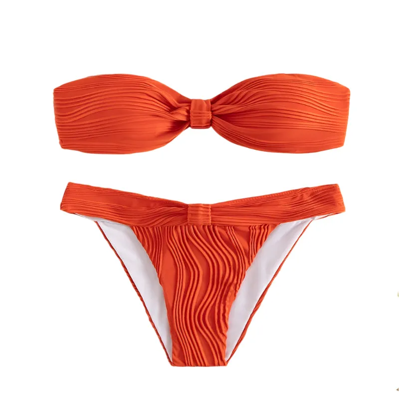 Textured Print Strapless Bikini Set