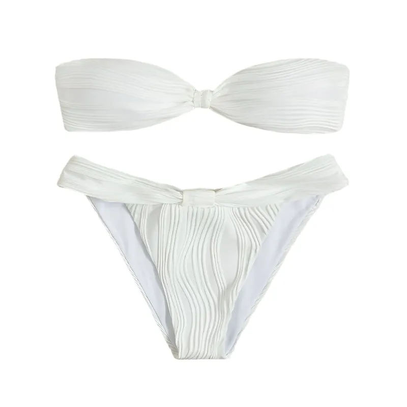 Textured Print Strapless Bikini Set