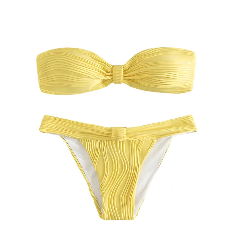 Textured Print Strapless Bikini Set